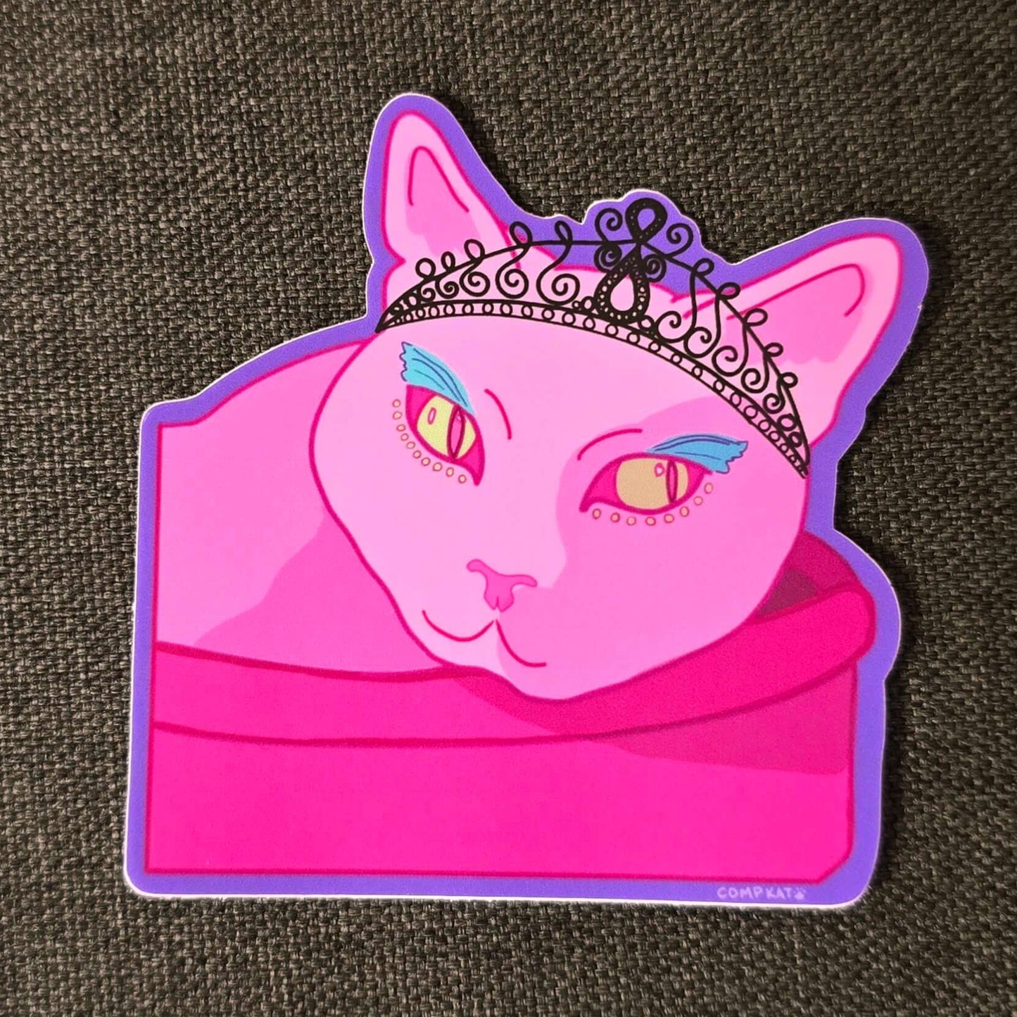 princess cat wearing black diamond tiara with blue eyeliner lounging in a pink cat bed