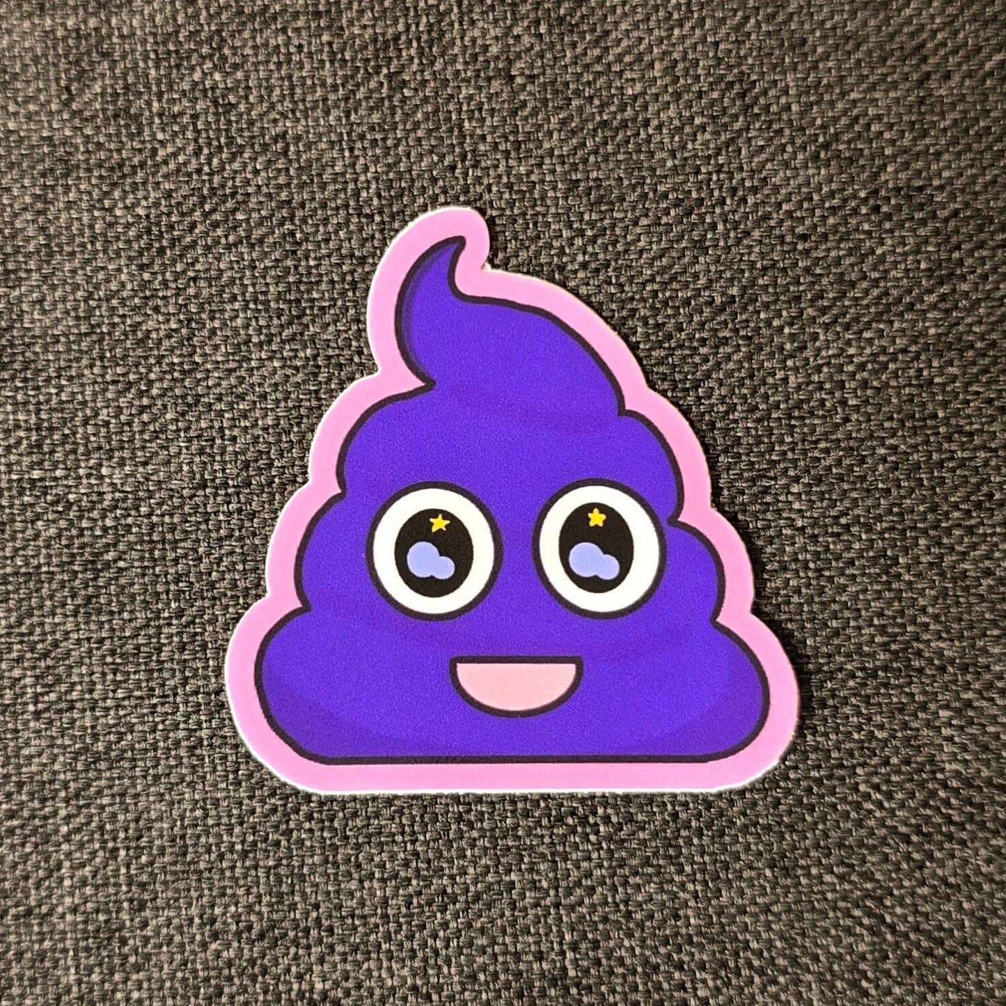 Image of a purple ube ice cream smiling with stars in its eyes. The sticker has a pink outline.